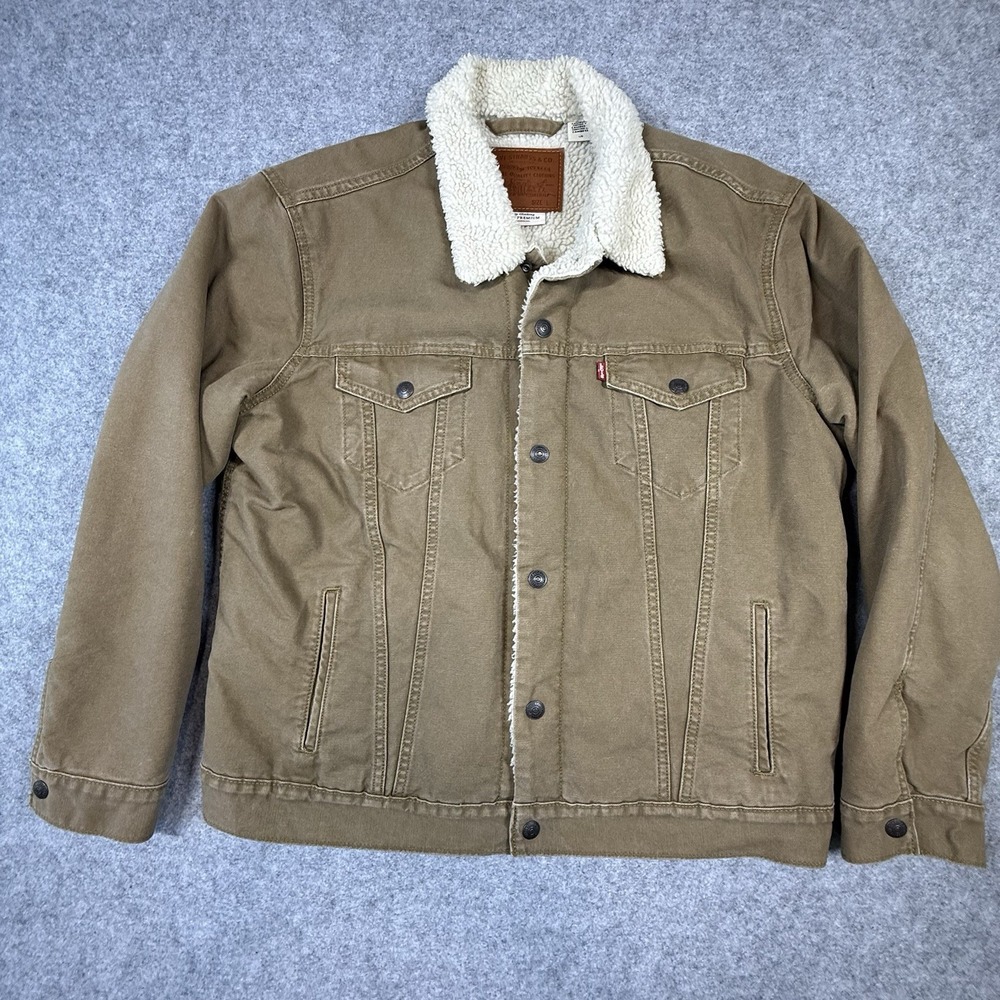 Levi's Premium Type III Sherpa Trucker Jacket Mens Large Tan Canvas 16365-0158